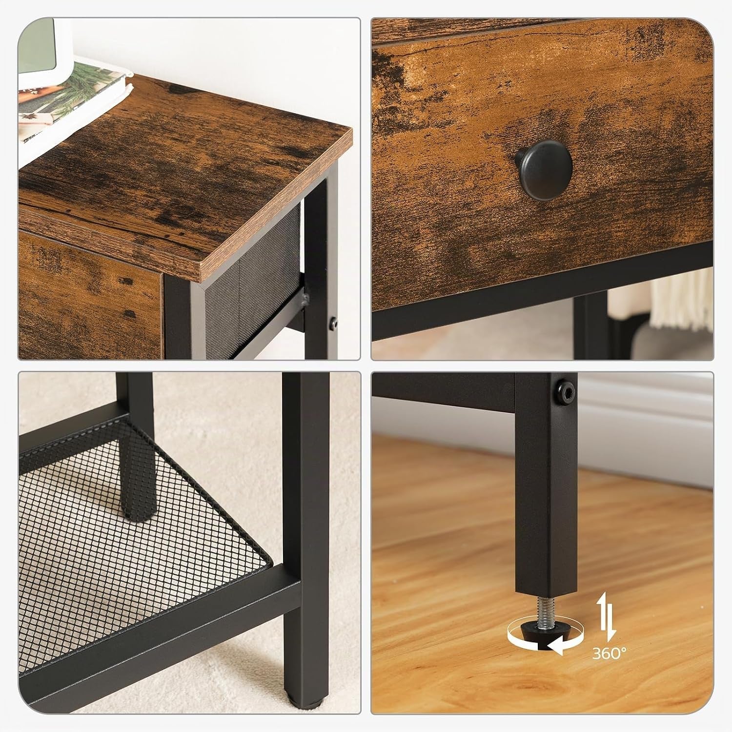 Console Meuble, 75 Cm Table Console, D'Entrée Avec 2 Tiroirs En Tissu, Table D’Appoint, Bout De Canapé, Pour Entrée, Salon, Style Industriel, Marron Rustique Et Noir EBF72XG01