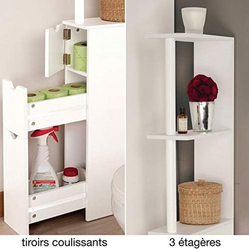 - Meuble WC Étagère Bois 3 Portes Blanc Gain De Place Pour Toilettes