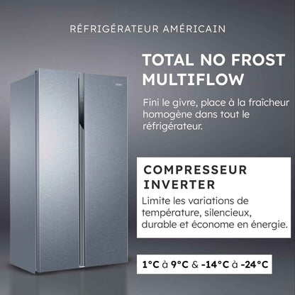 Haier - Réfrigérateur Américain - 2 Portes - Classe Énergétique E - Technologie Total No Frost Multi Air Flow - Inox - 337L + 191L (Congélateur) - 177,5 X 90,8 X 64,7 Cm - Modèle HSR3918ENPG