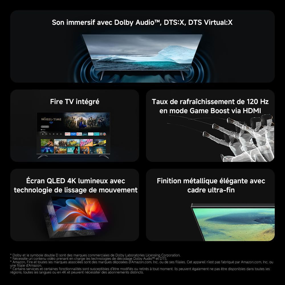 XIAOMI TV F Pro 50, 127 Cm (50 Pouces), 4K UHD QLED, Smart TV, Fire OS8, Contrôle Vocal Alexa, HDR10, 60Hz Avec 120Hz Game Boost Mode, MEMC, 2Go+32Go, Compatible Avec Apple Airplay
