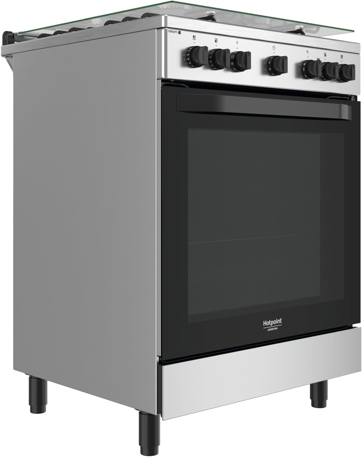 Hot Point Cuisine À Gaz Avec Four Électrique 60 X 60 X 84 Cm Inox À Installation Libre Avec 4 Feux, Four Ventilé Et Cuisson À La Vapeur Classe A