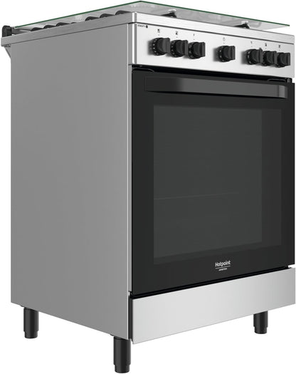 Hot Point Cuisine À Gaz Avec Four Électrique 60 X 60 X 84 Cm Inox À Installation Libre Avec 4 Feux, Four Ventilé Et Cuisson À La Vapeur Classe A