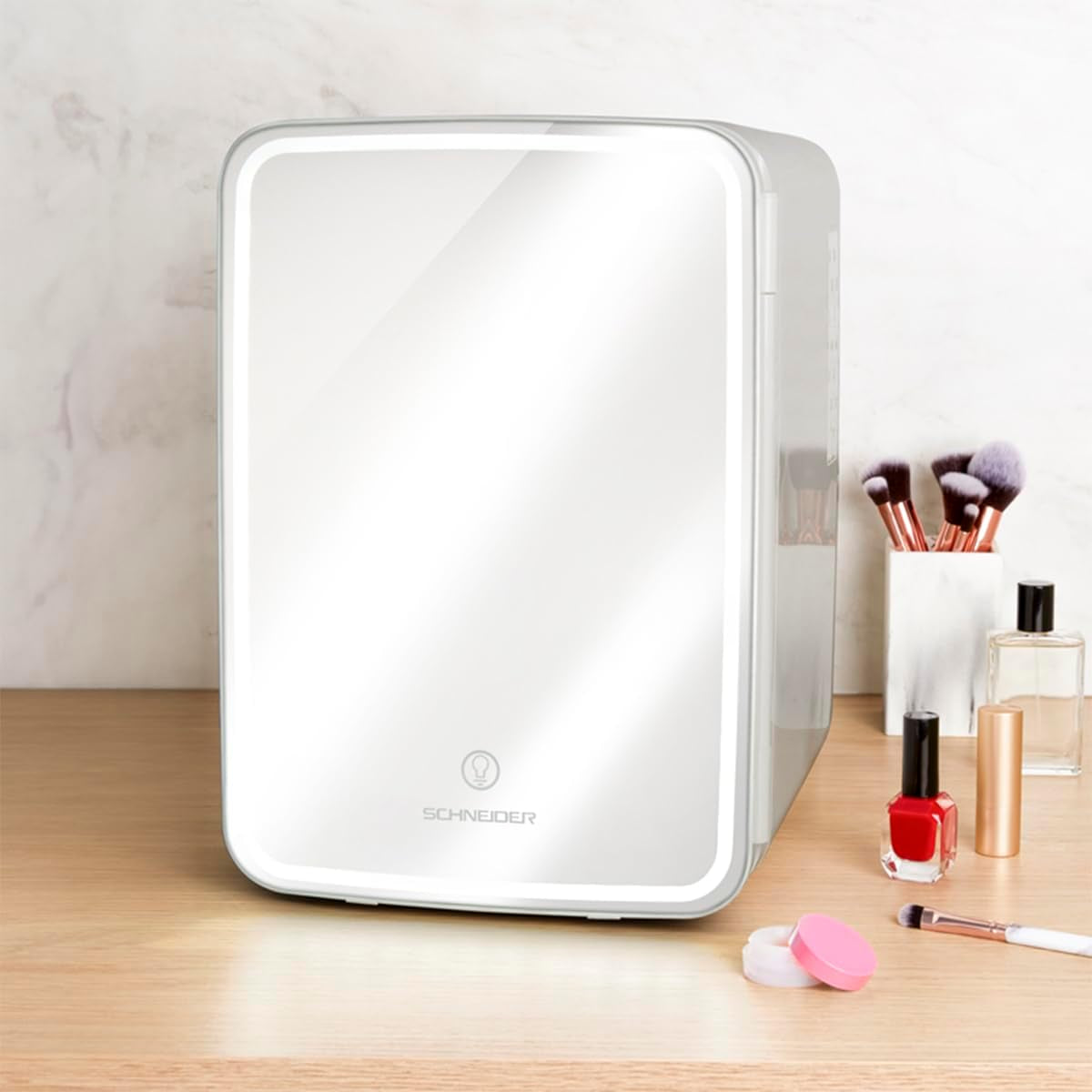 SCMF10W, Mini Frigo Cosmétique 9L, Refroidissement Et Chauffage, Miroir Avec LED, Etagères, Blanc