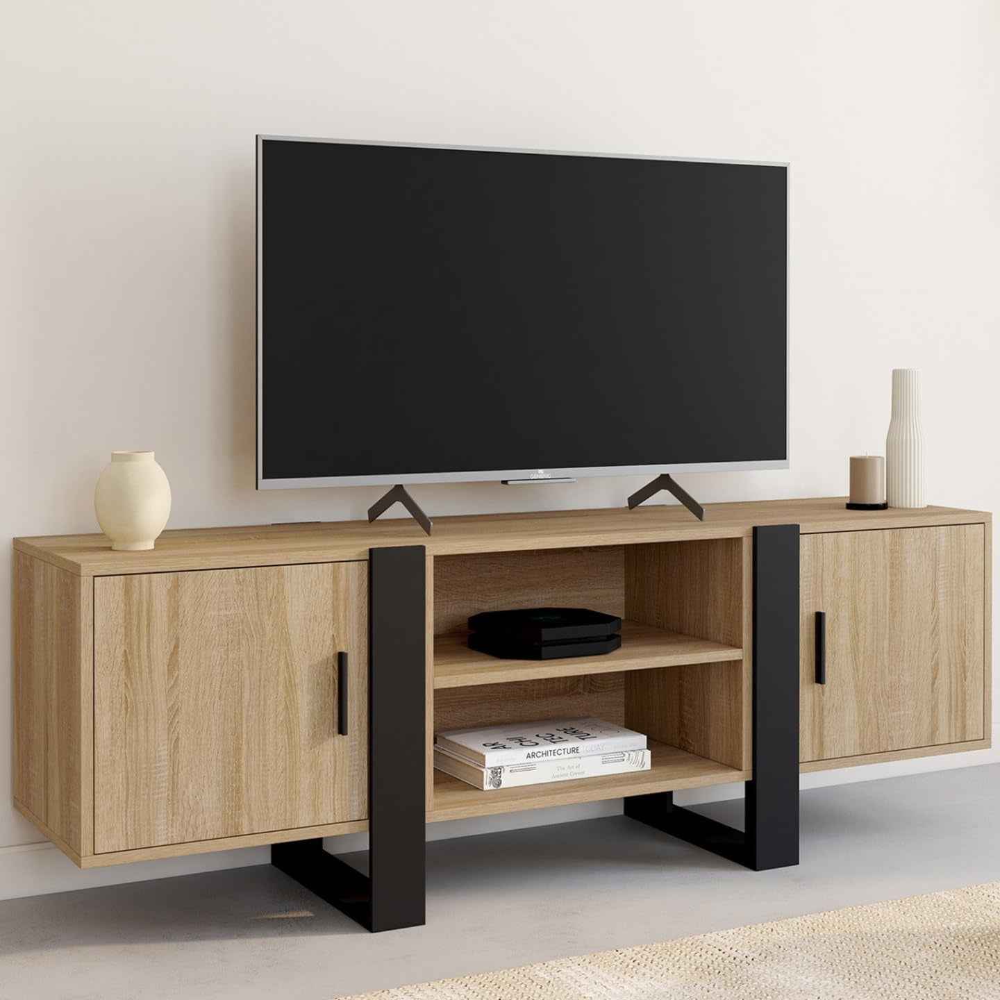 - Meuble TV 140 Cm Phoenix 2 Portes Bois Et Noir
