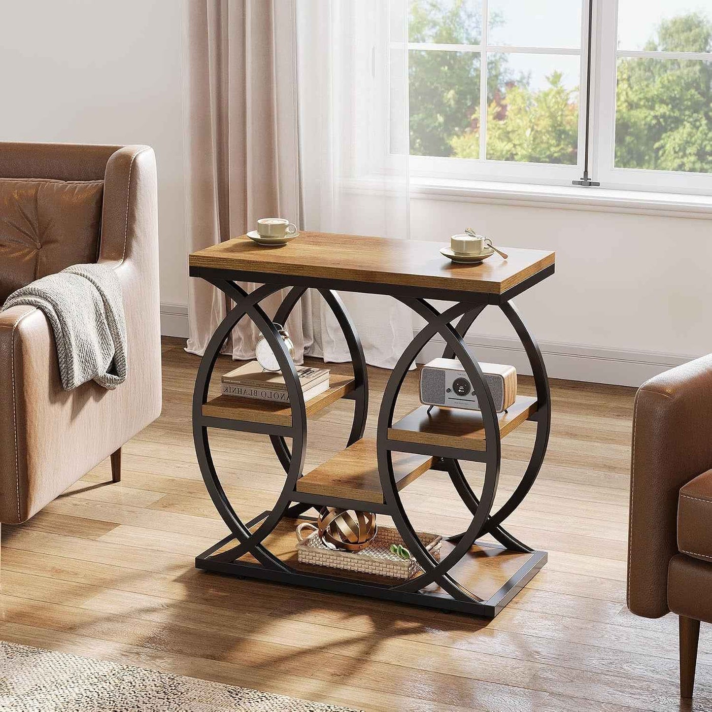 Table D'Appoint Avec 4 Étagères, Table De Chevet Étroite Avec Espace De Rangement, Table Basse Industrielle Pour Salon, Chambre À Coucher, Entrée, Marron Clair