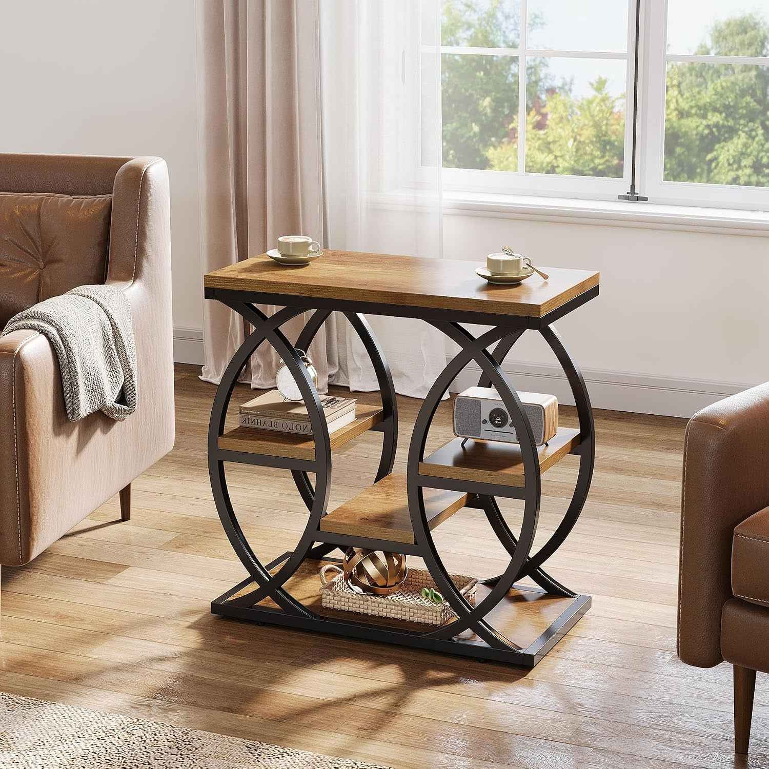 Table D'Appoint Avec 4 Étagères, Table De Chevet Étroite Avec Espace De Rangement, Table Basse Industrielle Pour Salon, Chambre À Coucher, Entrée, Marron Clair