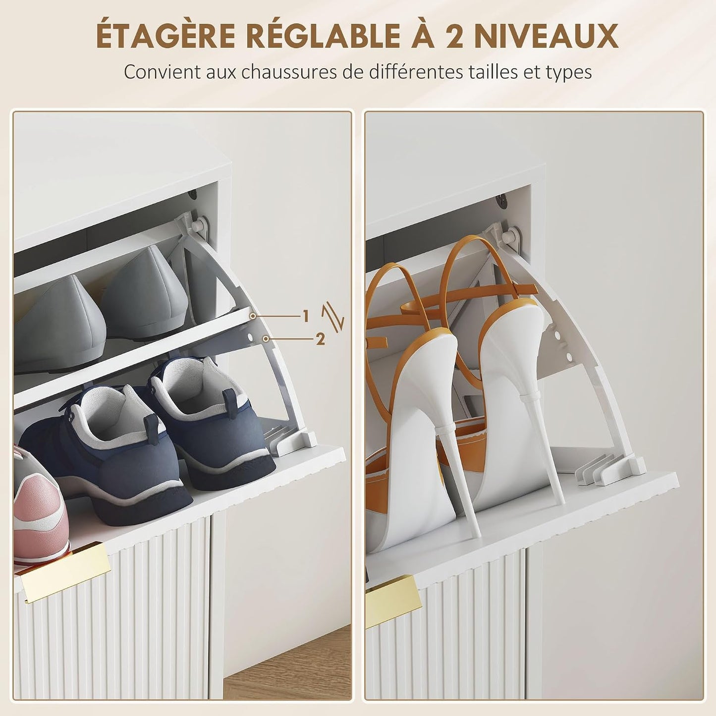 Meuble À Chaussures 20 Paires 4 Tiroirs 105 X 24 X 91,5 Cm Blanc | Armoire À Chaussures Étroite Moderne, Portes Cannelées, Étagères Réglables, Pour Couloir Et Entrée