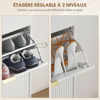 Meuble À Chaussures 20 Paires 4 Tiroirs 105 X 24 X 91,5 Cm Blanc | Armoire À Chaussures Étroite Moderne, Portes Cannelées, Étagères Réglables, Pour Couloir Et Entrée