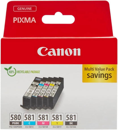 Canon PGI-580 + CLI-581 Multipack Cartouches D'Encre D'Origine | Encre Canon Authentique - Noir Pigmenté plus Noir, Cyan, Magenta Et Jaune - Pour PIXMA TR8550, TR7550, TS6150 Et plus !