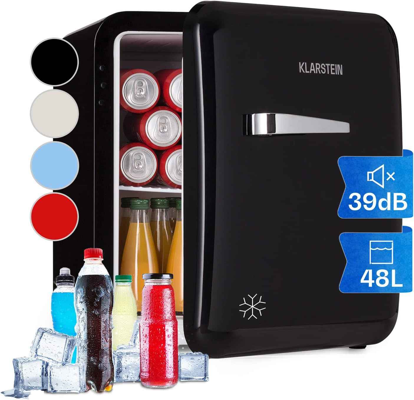 KLARSTEIN Mini Frigo De Chambre Pour Boissons, Petit Frigo Silencieux, Design Vintage, Mini Bar Intérieur, Bières, Petit Refrigerateur Camping, Bureau, Dégivrage Manuel, Cosmetique, 0-10°C, 48L