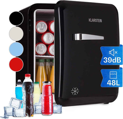 KLARSTEIN Mini Frigo De Chambre Pour Boissons, Petit Frigo Silencieux, Design Vintage, Mini Bar Intérieur, Bières, Petit Refrigerateur Camping, Bureau, Dégivrage Manuel, Cosmetique, 0-10°C, 48L
