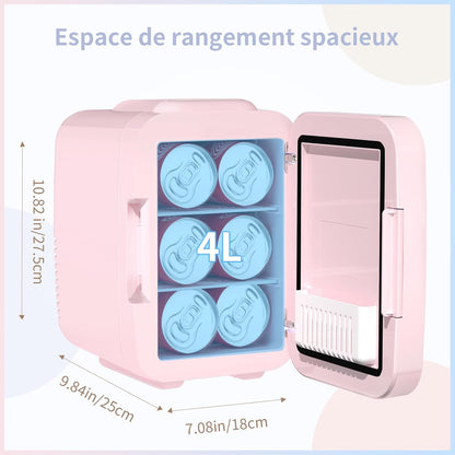 Mini Frigo Pour Chambre, Frigo Skincare Avec Miroir LED, Petit Frigo De 4L Portable, Thermoelectrique Chauffe & Refroidisseur 220V AC / 12V DC Pour Voiture, Bureau, Dortoir (Rose)