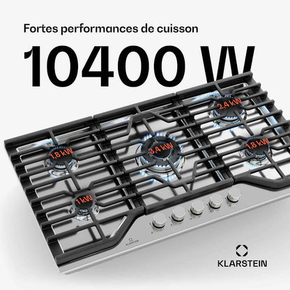 Klarstein Turbocast Plaque De Cuisson Gaz - 5 Brûleurs, Inox 304, 3.4Kw Wok, Allumage Auto & Sécurité, Kit Conversion GPL, Plaque Au Gaz Professionnelle