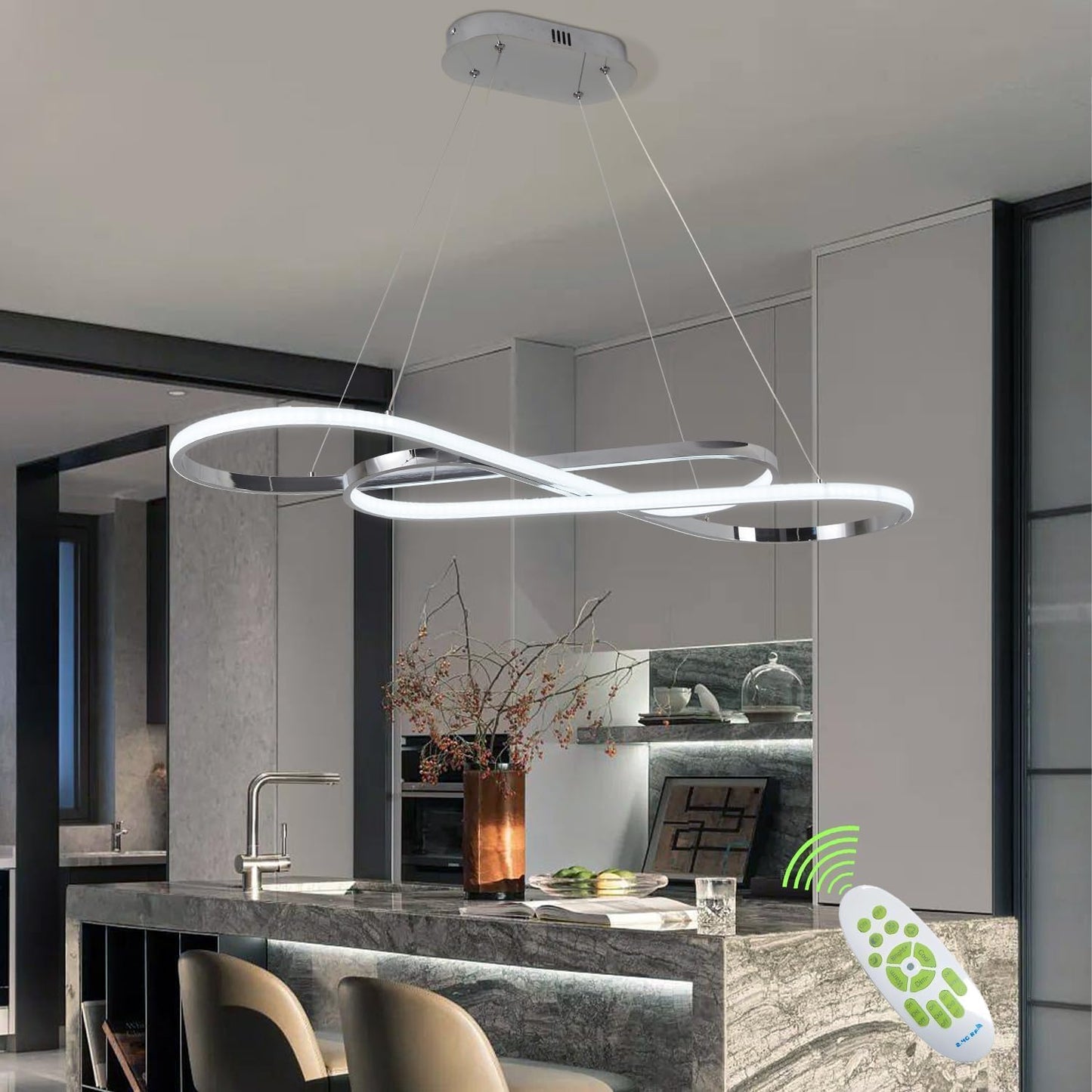 Suspension LED Table À Manger Lampe Suspendue À Intensité Variable Avec Télécommande À Suspension Design Linéaire Lampe Lustre Réglable En Hauteur Lampe De Cuisine (L100Cm/57W) Chrome