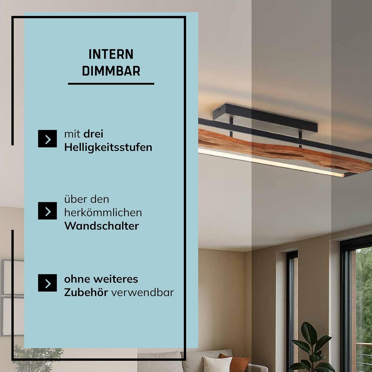 Deckenlampe Landhaus-Stil, Dimmbar, Holzoptik, Lampe | Plafonnier LED, 100X14X30 Cm, 6600 Lm 3000 K, Métal/Bois/Plastique