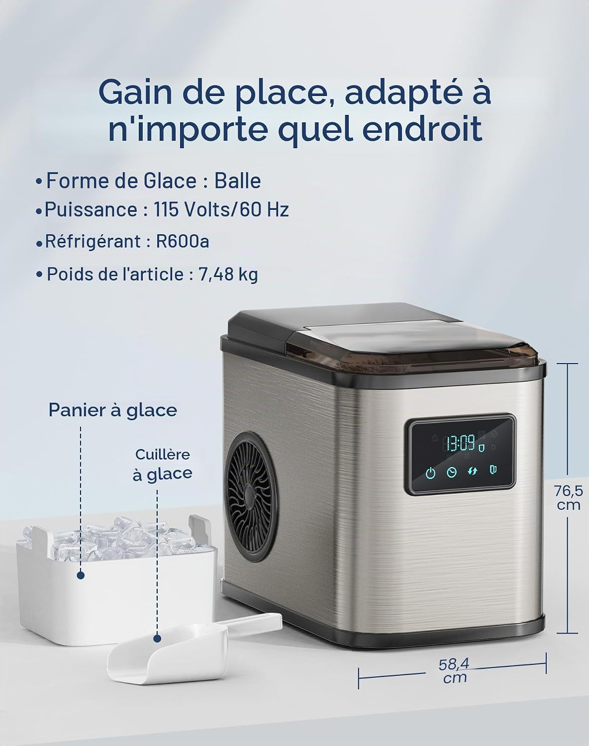 Machine a Glacons 15Kg En 24H, 2 Litres, Avec Écran LED | 9 Glaçons En 6-8 Minutes, 2 Tailles De Glace, Autonettoyante,Silencieux 45 Db,Poignée De Transport,Pour La Maison/Camping/Bar