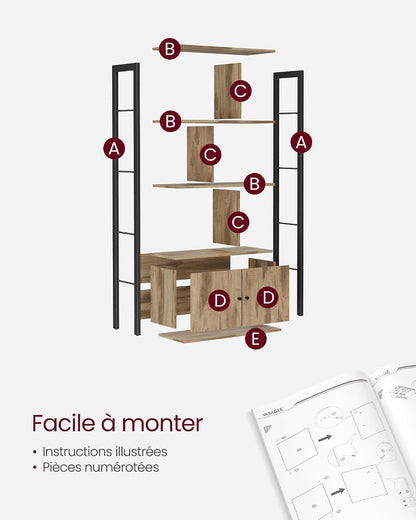 Étagère, Bibliothèque À 4 Niveaux, Meuble De Rangement, Placad, Avec Portes, Grand, Cadre En Acier, Pour Salon, Bureau, Chambre, Style Industriel, Marron Camel Et Noir D'Encre LBC022B50