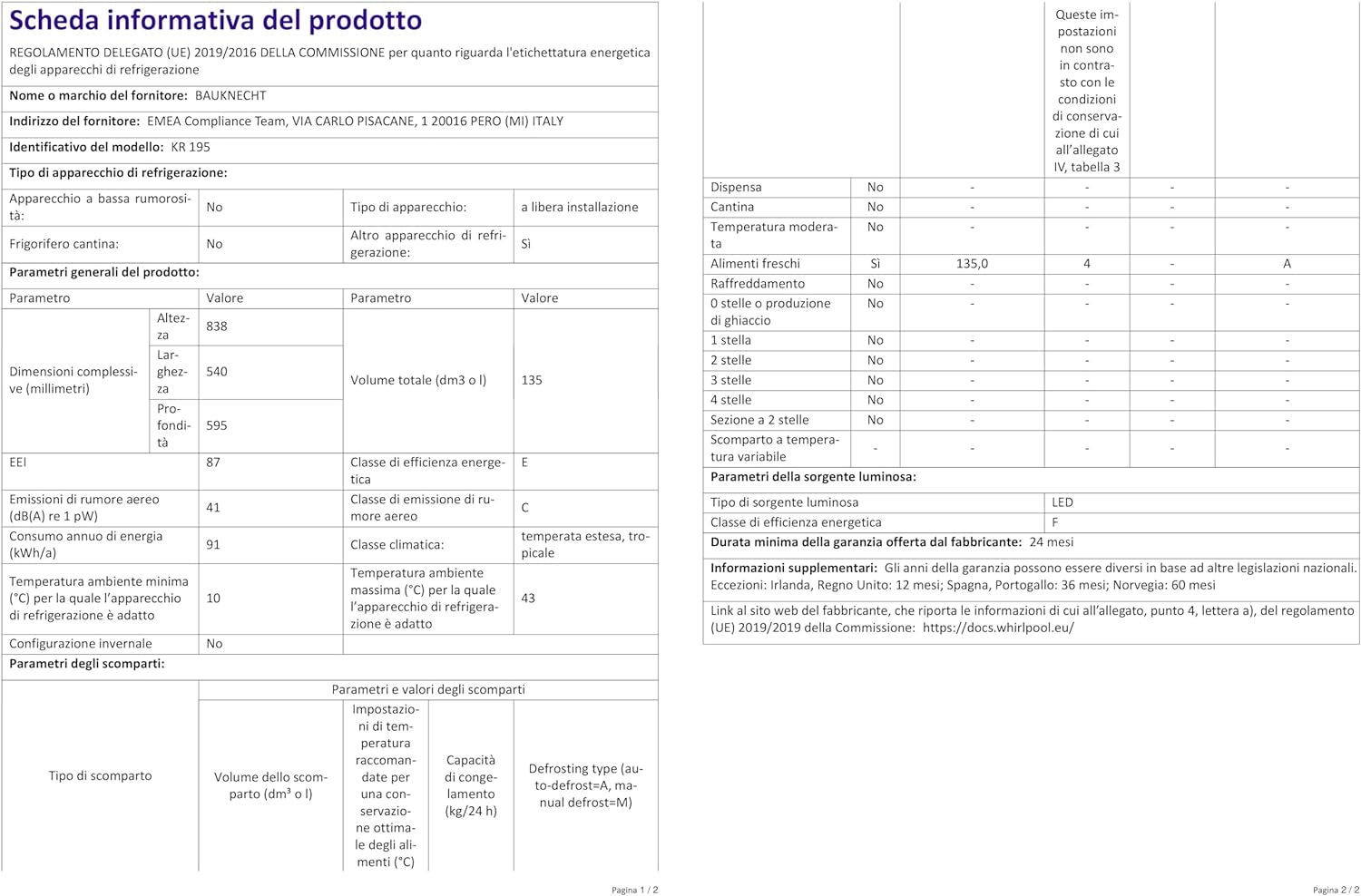 Bauknecht KR 195 a Réfrigérateur/Capacité Totale : 127 L/Dégivrage Automatique Dans Le Réfrigérateur / 3 Compartiments De Porte, Blanc