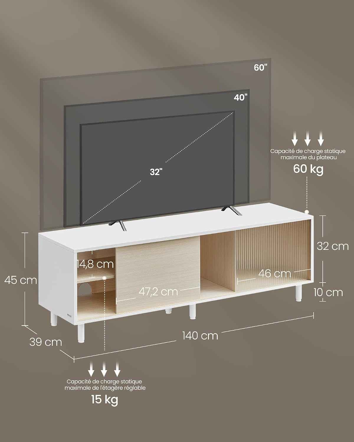 Meuble TV, Assemblage Ultra-Rapide Sans Outils Toolless, Table Télé, Pour Téléviseur Jusqu’À 32/45/50/55/60 Pouces, Salon, Verre Cannelé, Moderne, 140 X 39 X 45 Cm, Blanc LTV466W01