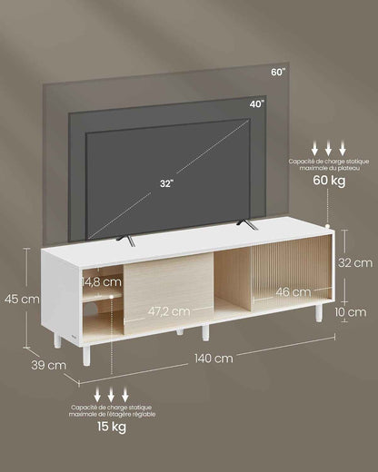 Meuble TV, Assemblage Ultra-Rapide Sans Outils Toolless, Table Télé, Pour Téléviseur Jusqu’À 32/45/50/55/60 Pouces, Salon, Verre Cannelé, Moderne, 140 X 39 X 45 Cm, Blanc LTV466W01
