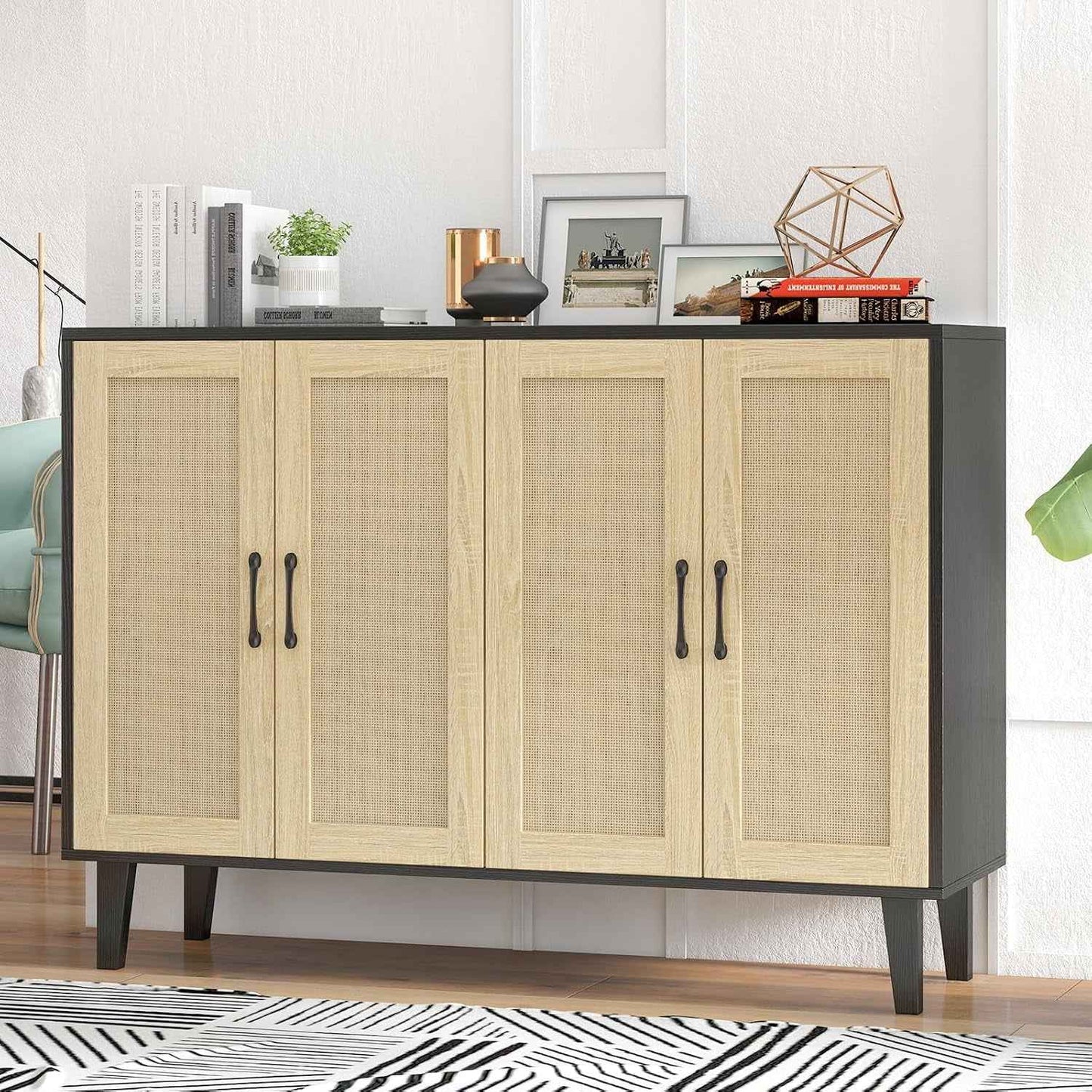 Meuble De Rangement En Rotin Et MDF, Buffets Haut Aspect Avec 4 Portes Sur Salon, Chambre, 127 X 38 X 83 Cm (Noir Et Bois), MEFRSB58