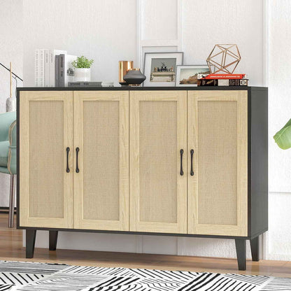 Meuble De Rangement En Rotin Et MDF, Buffets Haut Aspect Avec 4 Portes Sur Salon, Chambre, 127 X 38 X 83 Cm (Noir Et Bois), MEFRSB58