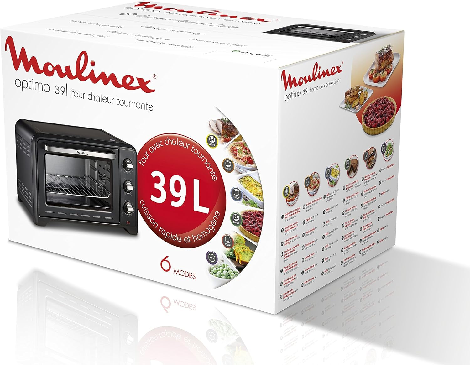 Optimo OX484810 - Four À Convection De 39 L, 6 Modes De Cuisson Avec Thermostat Jusqu'À 240 ° Et Minuterie Jusqu'À 120 Minutes, Plaque De Cuisson Et Grilles Réversibles, Design Compact