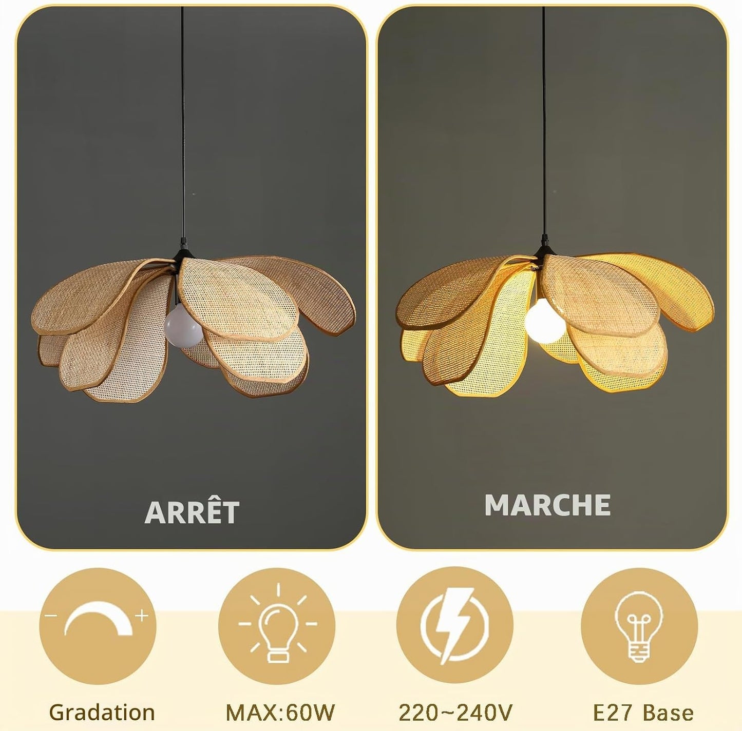 Suspension Rotin Vintage,Fleur Créative Lustre Rotin, Luminaire En Bambou Tressé Max 60W, Pour Salon Chambre Cuisine Couloir (60CM)