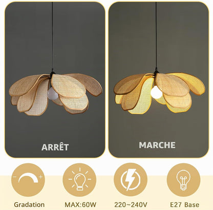 Suspension Rotin Vintage,Fleur Créative Lustre Rotin, Luminaire En Bambou Tressé Max 60W, Pour Salon Chambre Cuisine Couloir (60CM)
