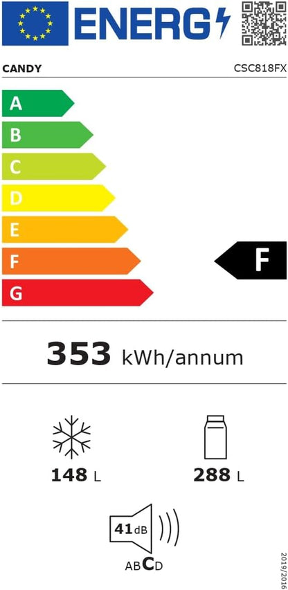 CSC818FX Réfrigérateur Combiné - Pose Libre, 436L (Réfrigérateur 288L + Congélateur 148L), 4 Portes, No Frost, Gris, Classe F