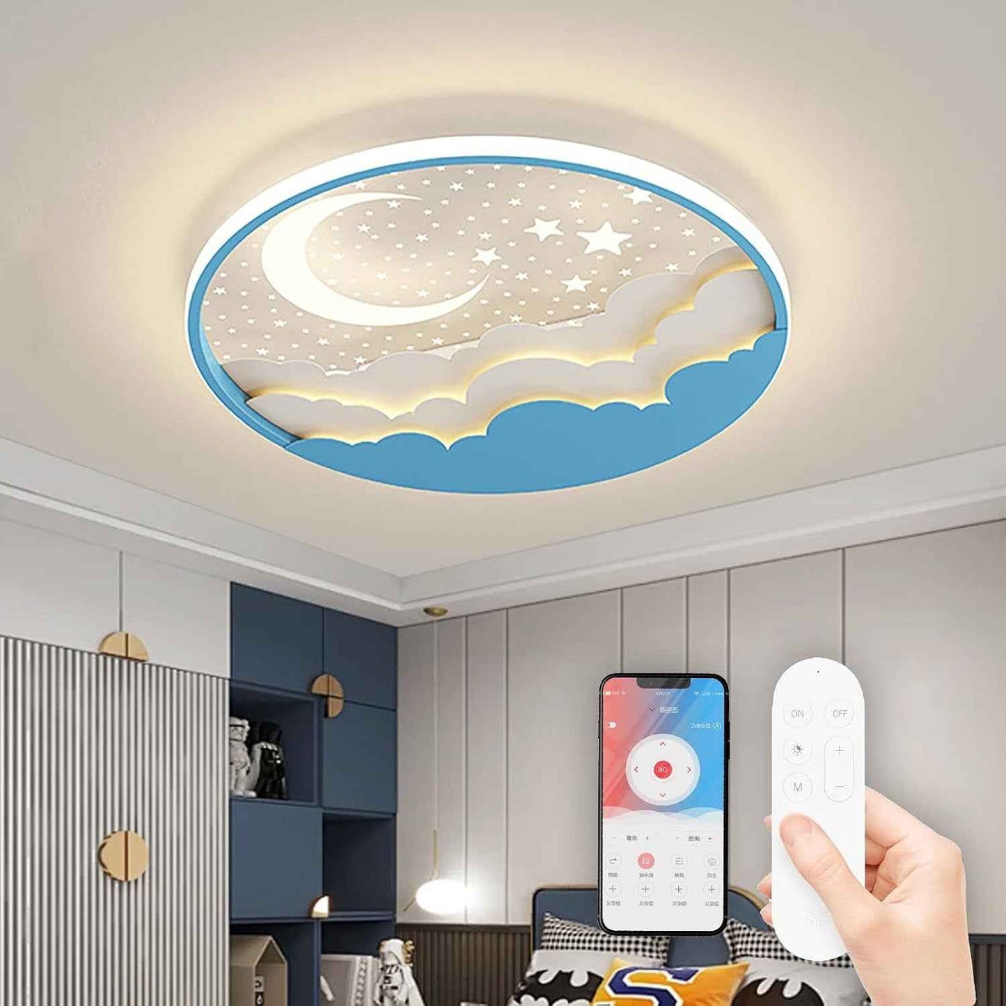LED Plafonnier Pour Enfants, Créative Étoile Et Lune Lampe De Plafond Enfants, Dimmable Acrylique Plafonnier Avec Télécommande, 3000-6000K, Moderne Filles Garçons Chambre Lampe,Bleu,50Cm