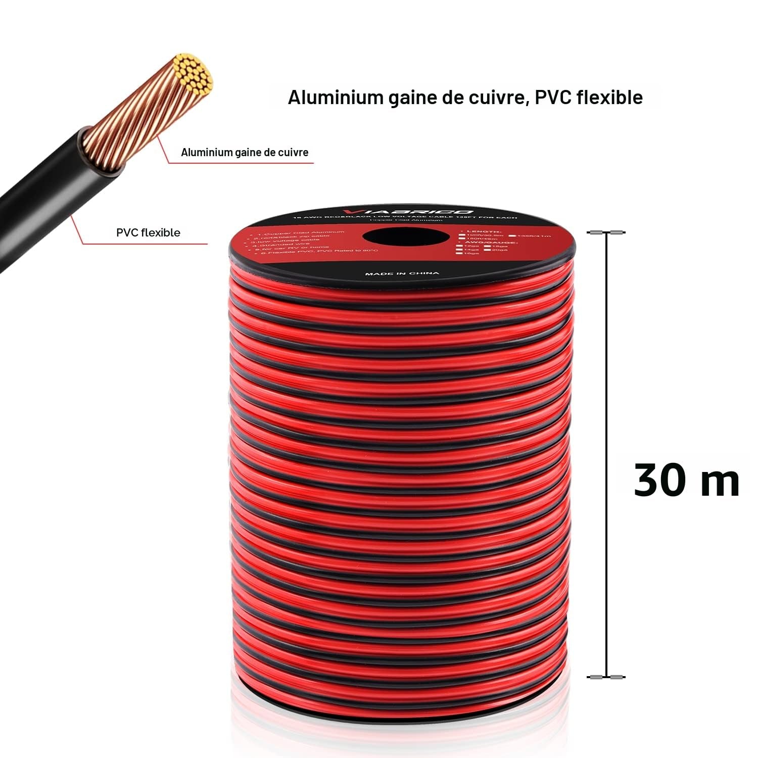 Fil Électrique 30 M - 14 AWG - 2 X 2,0 Mm² - Câble D'Alimentation À 2 Fils - 5 V/12 V/24 V - Câble D'Alimentation En Aluminium Plaqué Cuivre - Flexible Et Doux - Faible Impédance