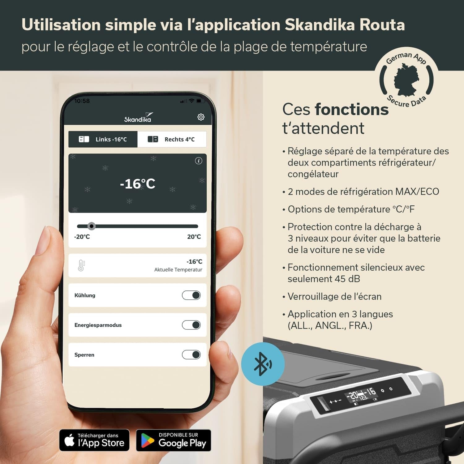 Glacière Routa 35-55L | +20 ° À -20 °C | Connectée, Mini Frigo 2 Zones, Réfrigérateur Électrique 12V 220V, Silencieuse, Mode Éco | Camping Voiture Caravane Camping-Car