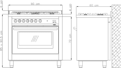 Lofra RNMG96MFTE/CI Cuisinière Noir, Acier Inoxydable Gaz a Fours Et Cuisinières (Cuisinière, Noir, Acier Inoxydable, Rotatif, Devant, Gaz, Centre)