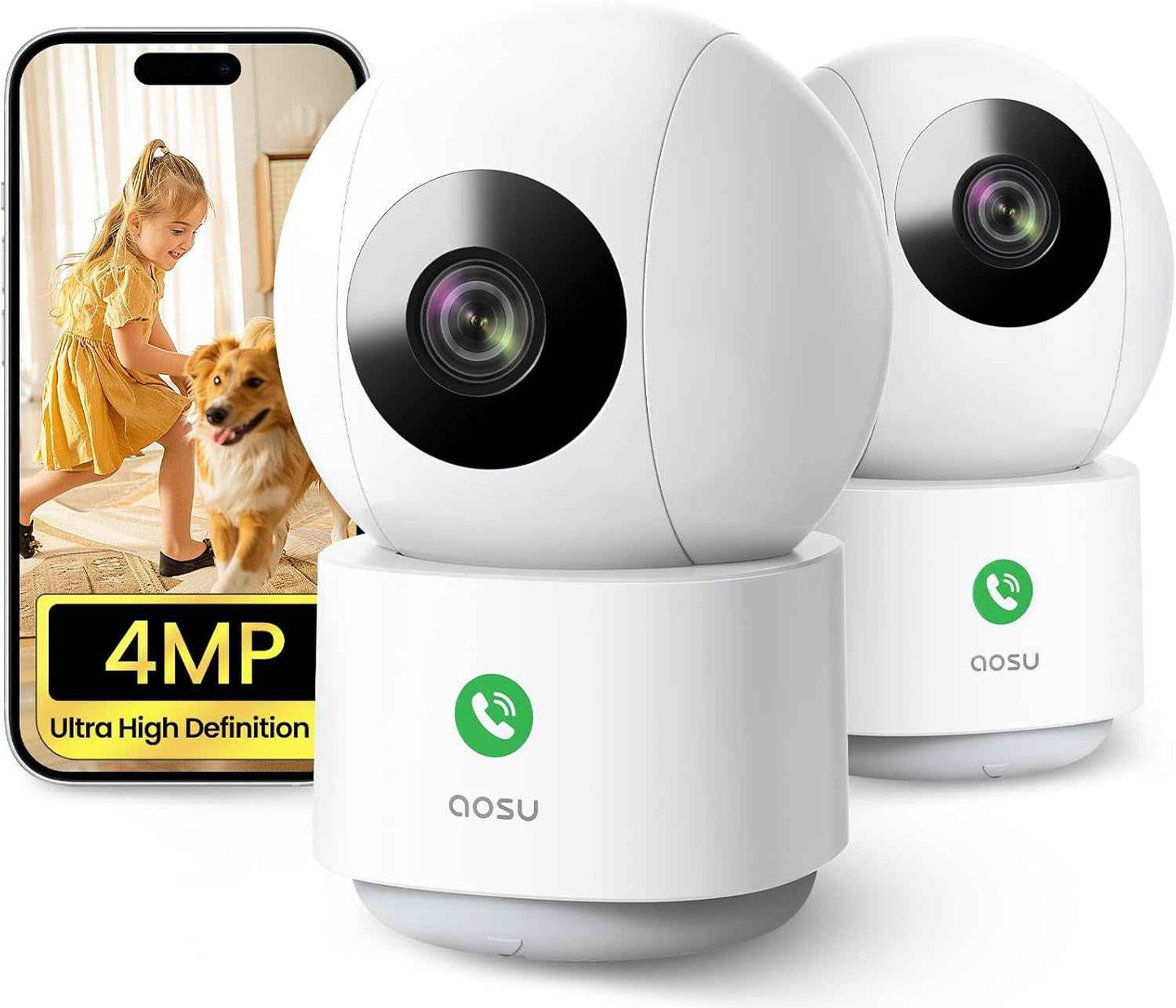 4MP Caméra Intérieure Pour Bébé Et Animaux, Appel À Une Touche | Pack De 2, Vue Maison 360°, Suivi De Mouvement Intelligent, Enregistrement 24/7, Vision Nocturne IR, 2,4 Ghz Wifi