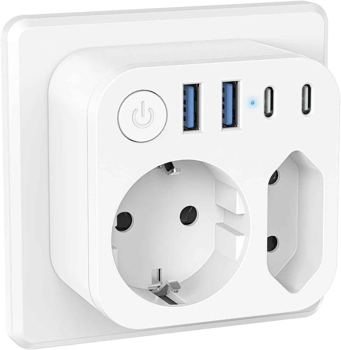 6 En 1 Multiprise Murale Avec 4 USB (2 Type-C), Adaptateur Secteur 2 Prises Avec Interrupteur Electrique Idéal Bureau, Blanc | 2 Prises Multiprises, Double Prise Pour Prise Murale