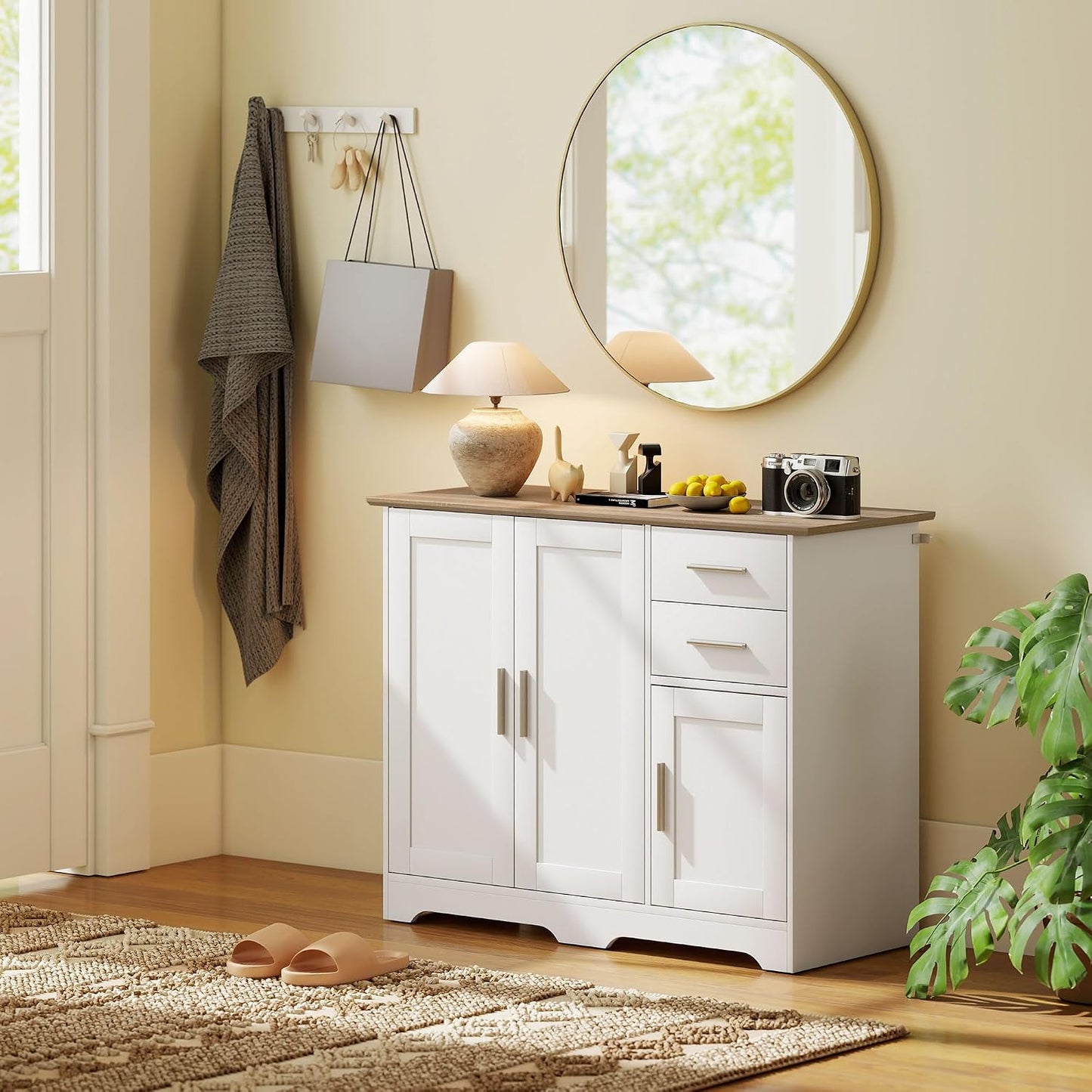 Buffet Salon 2 Tiroirs 3 Portes 100 X 40 X 78 Cm Blanc Bois Naturel | Meuble De Rangement, Étagère Réglable, Style Contemporain, Buffet Salle À Manger Et Cuisine
