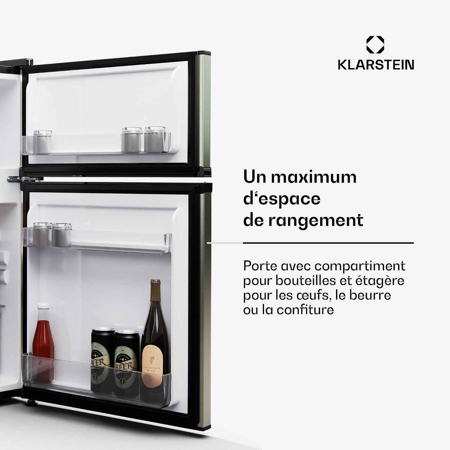 KLARSTEIN Big Daddy Cool - Frigo Réfrigérateur, Réfrigérateur Combiné, Compartiment Bouteilles, Bac Légumes, Eclairage Intérieur, Look Moderne, Nettoyage Facile, Pieds Réglables, 86 L - Argent