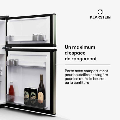 KLARSTEIN Big Daddy Cool - Frigo Réfrigérateur, Réfrigérateur Combiné, Compartiment Bouteilles, Bac Légumes, Eclairage Intérieur, Look Moderne, Nettoyage Facile, Pieds Réglables, 86 L - Argent