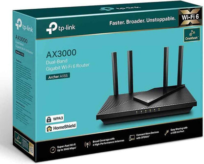 Archer AX55 Routeur Wifi 6, Routeur Wifi AX 3000 Mbps Bi-Bande, 5 Ports Gigabit, 4 Antennes À Haute Performance, WPA3, Contrôle Parental, Onemesh, Antivirus Intégré