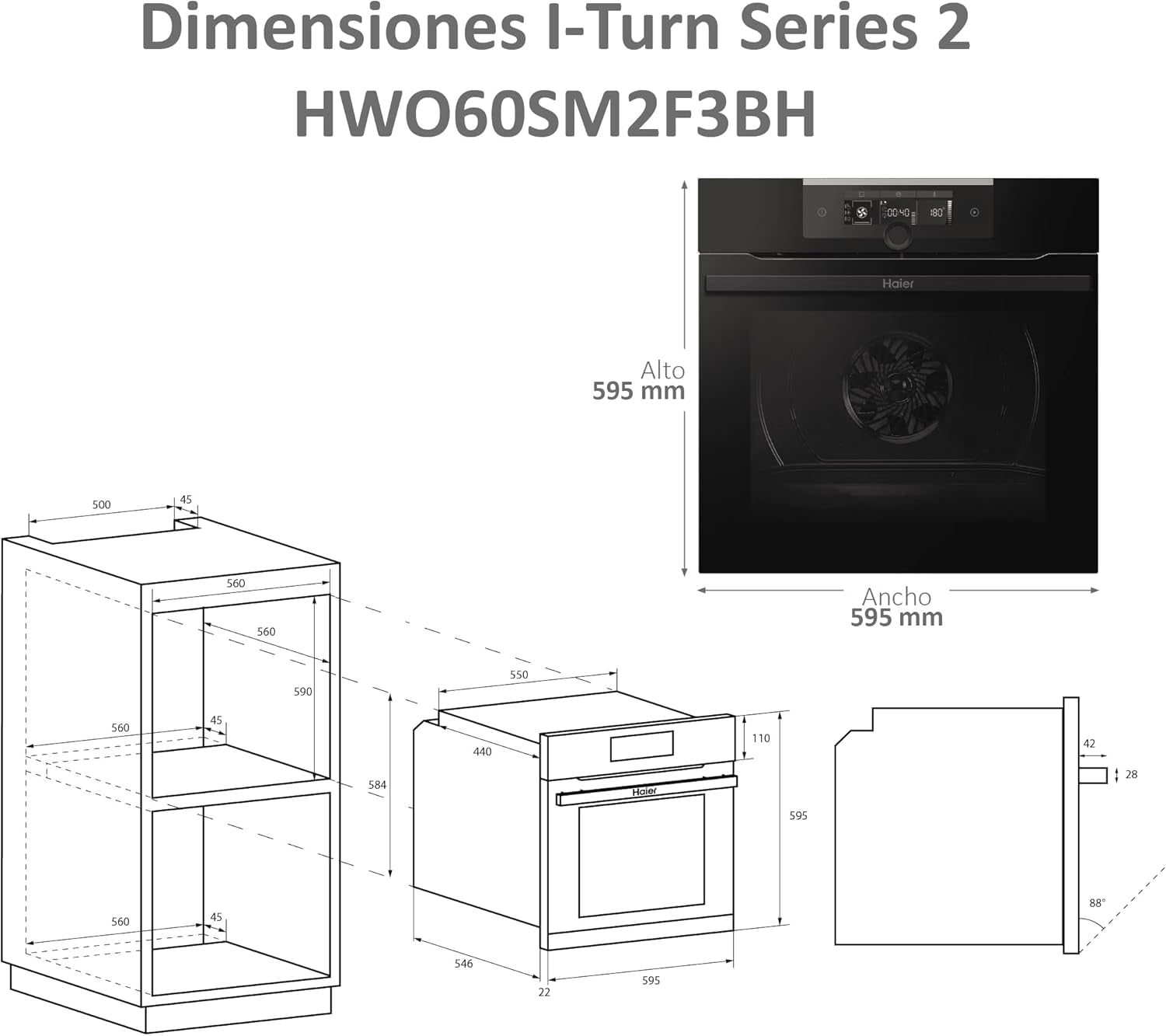 HWO60SM2F3BH Four Encastrable I-Turn Series 2 - 70L, Multi-Level, 11 Fonctions, Nettoyage Aqualisis, Connectivité Wi-Fi Et Bluetooth, Commande Rotative, Noir, Classe A+