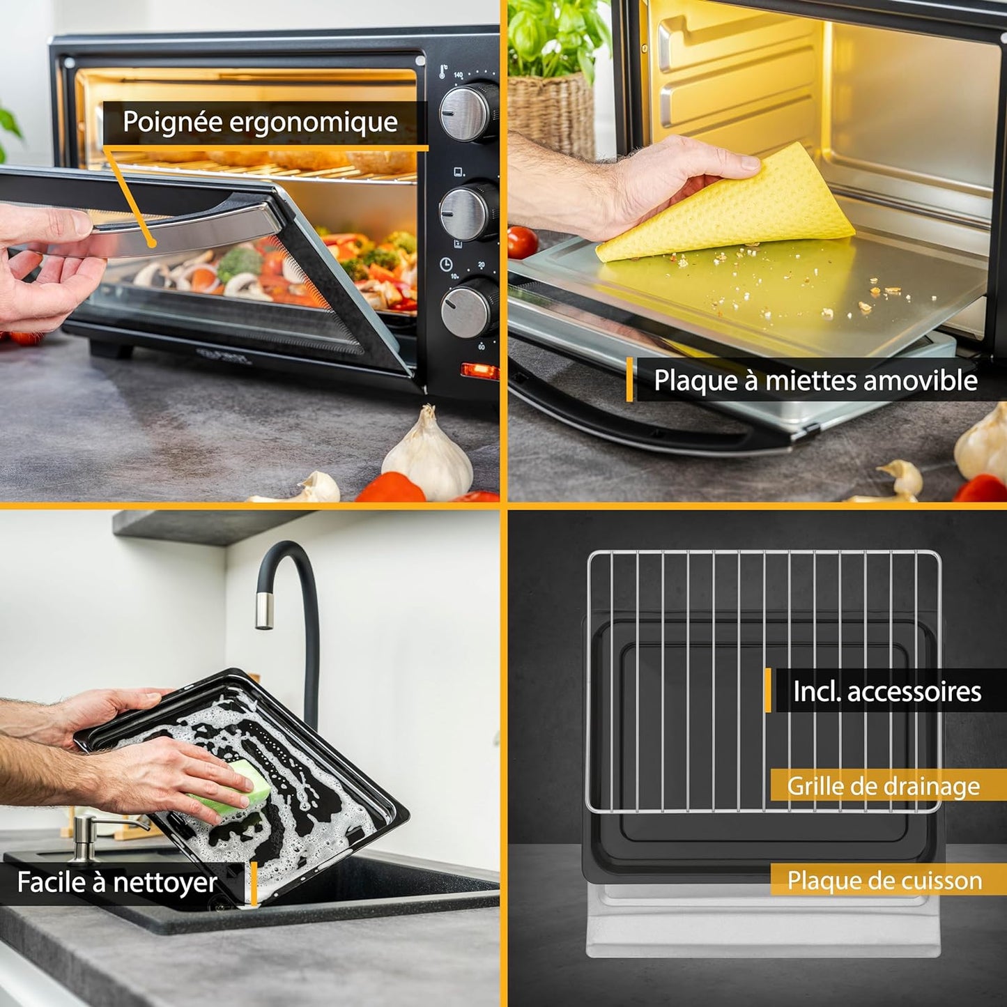TZS First Austria Mini Four Electrique 20L, Four À Convection 1380W, Avec Minuteur 0-60 Min, Grille Et Plaque De Four, Double Vitrage, Rôtissoire, Max 230°C, Noir