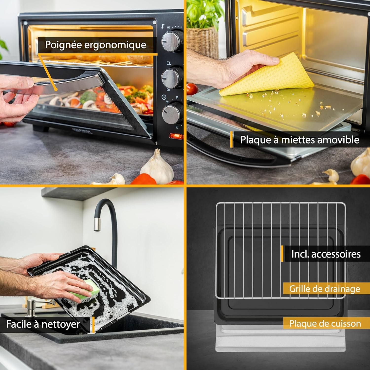 TZS First Austria Mini Four Electrique 20L, Four À Convection 1380W, Avec Minuteur 0-60 Min, Grille Et Plaque De Four, Double Vitrage, Rôtissoire, Max 230°C, Noir