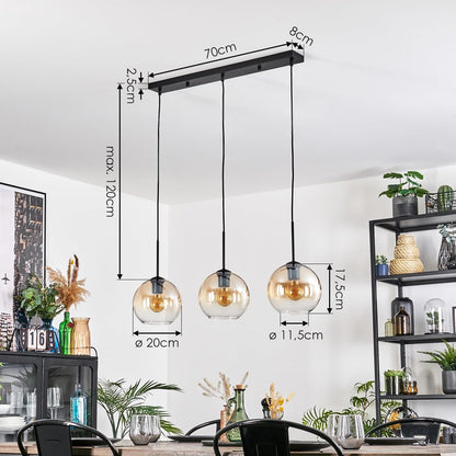 Koyoto Suspension À 3 Ampoules En Métal/Verre Noir/Ambre/Transparent, Suspension Moderne Au Design Rétro/Vintage (Abat-Jour Ø 20 Cm), E27, Salle À Manger, Salon, Cuisine