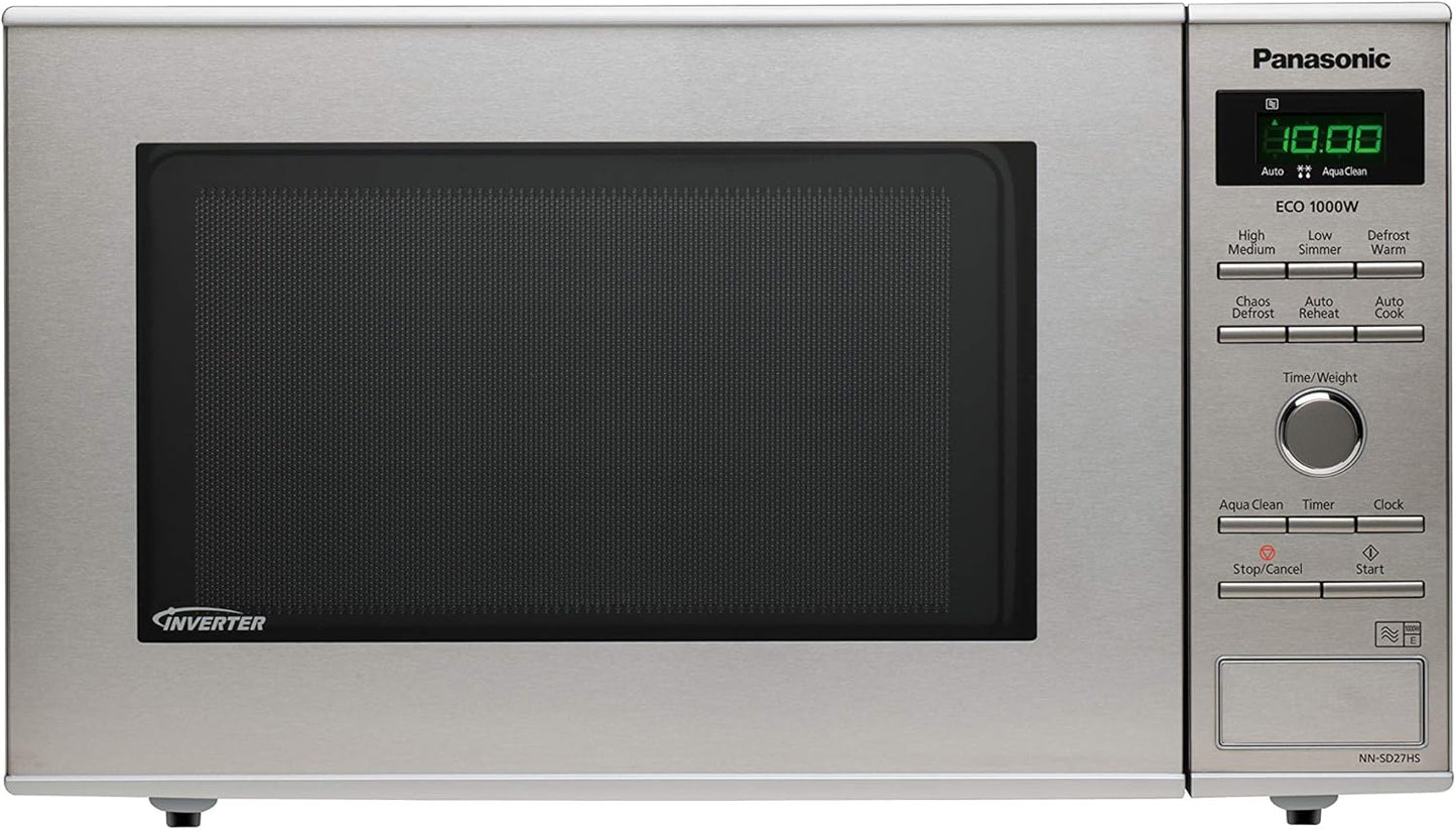NN-SD27HSUPG Four Micro-Ondes Technologie Inverter Plateau Tournant En Verre, 23L, 1000W, 10 Prog Auto, Décongélation Chaos, 6 Puissances, Minuterie, Affichage LED, Acier Inoxydable Argent