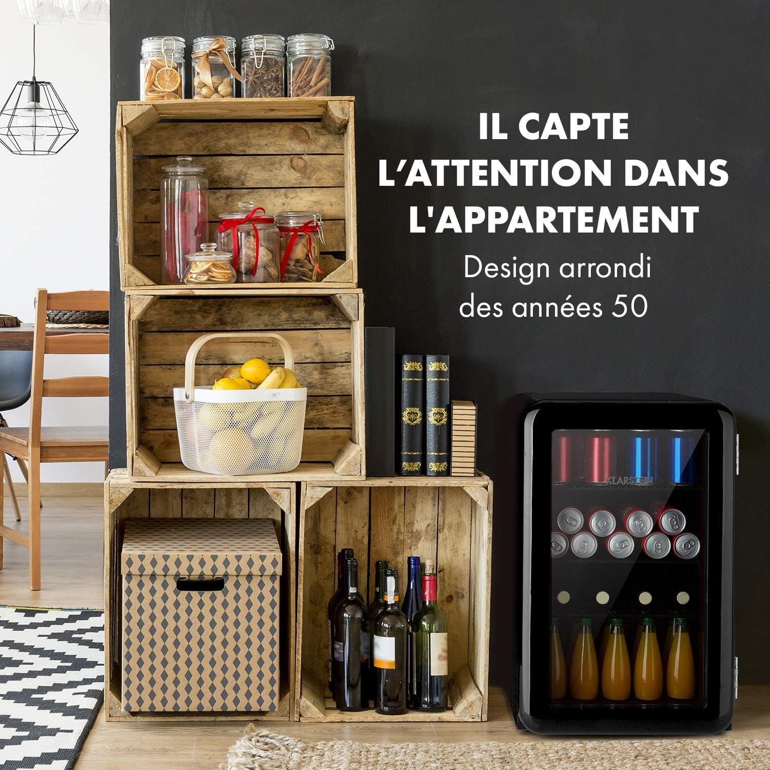 Poplife Refroidisseur De Boissons - Mini-Bar, Réfrigérateur Rétro, 0-10°C, Seulement 39 Db, 70 L, Écologique, Porte À Double Vitrage, Design Rétro, Noir