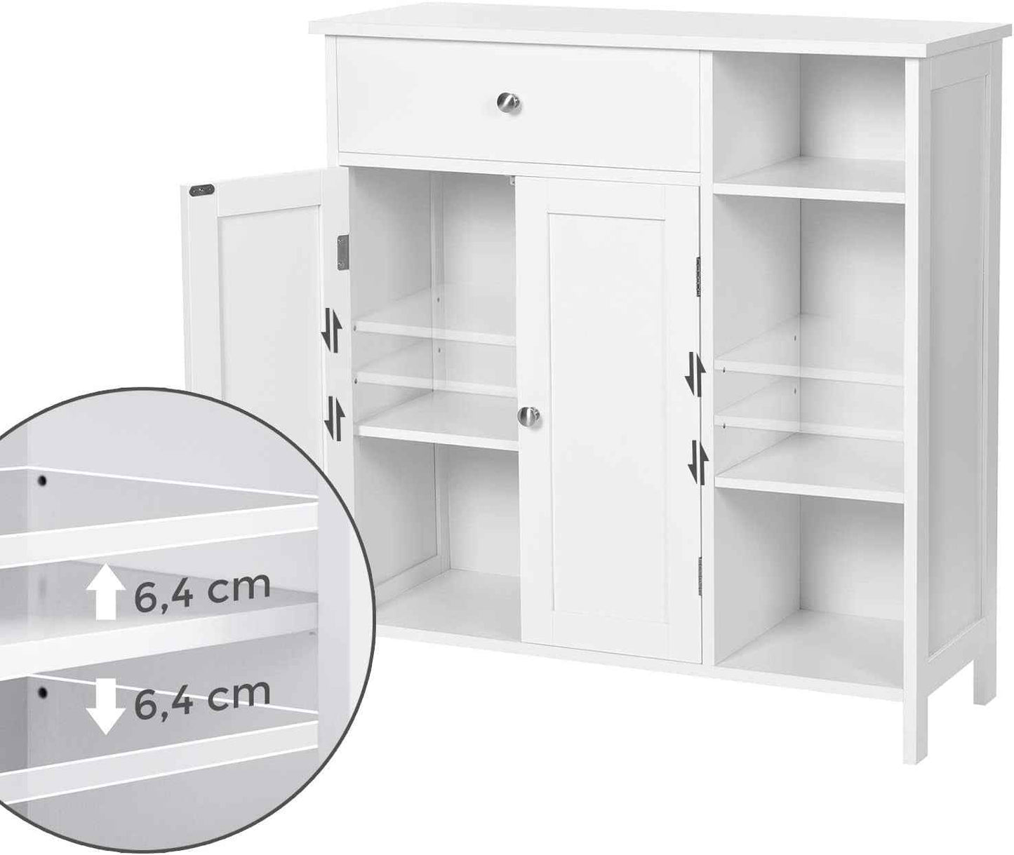 Meuble De Salle De Bain, Meuble De Rangement Avec 2 Portes, Armoire De Salle De Bain Avec Tiroir, 3 Compartiments Ouverts, Étagères Réglables, 75 X 30 X 80 Cm, Blanc Nuage BBC142W01