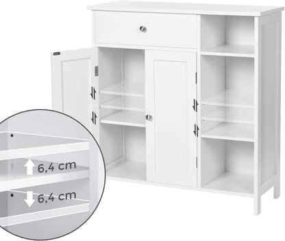 Meuble De Salle De Bain, Meuble De Rangement Avec 2 Portes, Armoire De Salle De Bain Avec Tiroir, 3 Compartiments Ouverts, Étagères Réglables, 75 X 30 X 80 Cm, Blanc Nuage BBC142W01