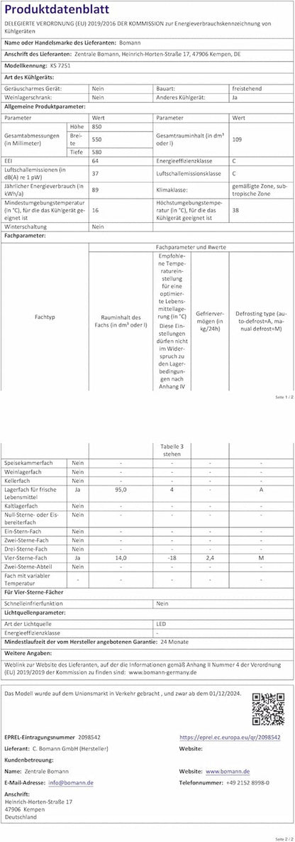 Réfrigérateur Congélateur 109 L KS 7251, Éclairage LED, Blanc | Réfrigérateur 95 L, Congélateur 14 L, Éclairage LED, 2 Étagères En Verre, Bac À Glaçons, Silencieux 37 Db