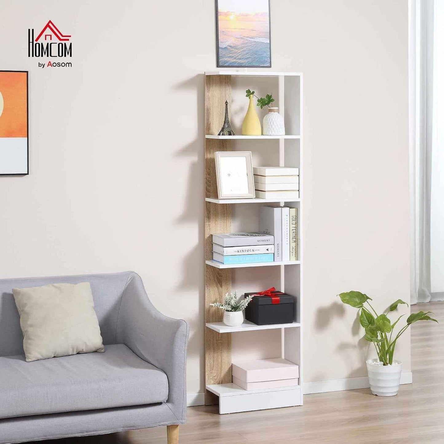 Bibliothèque Étagère De Rangement 45 X 21 X 170 Cm Blanc Et Chêne | 5 Compartiments Ouverts, Design Simple Moderne, Idéale Pour Salon Chambre Bureau